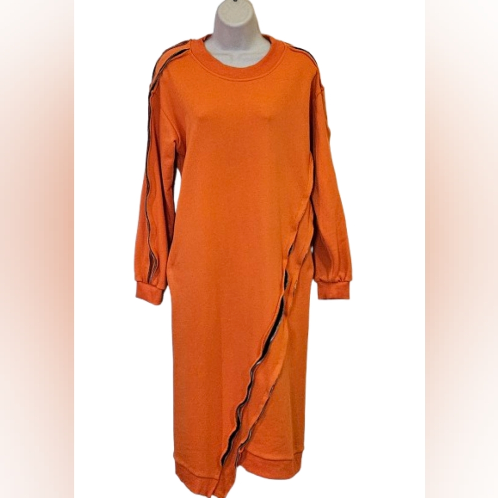 TOV Los Angeles Orange  Sweatshirt Dress w/Abstract Zipper Detail,Size40-Medium